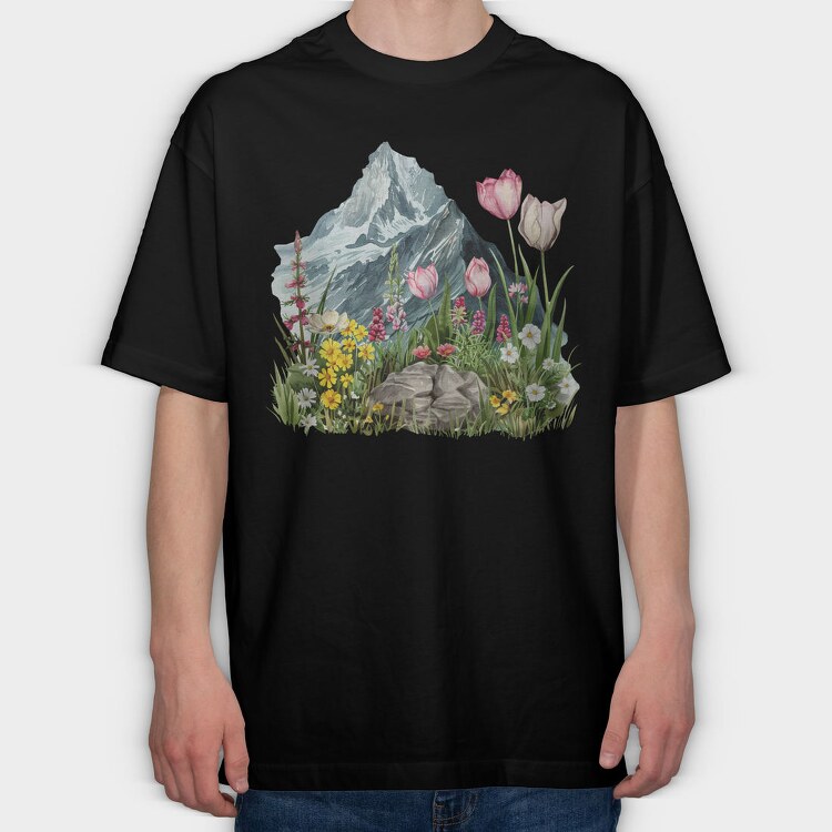 Watercolor Mountain Garden, Tricou Oversize Barbati (Unisex)