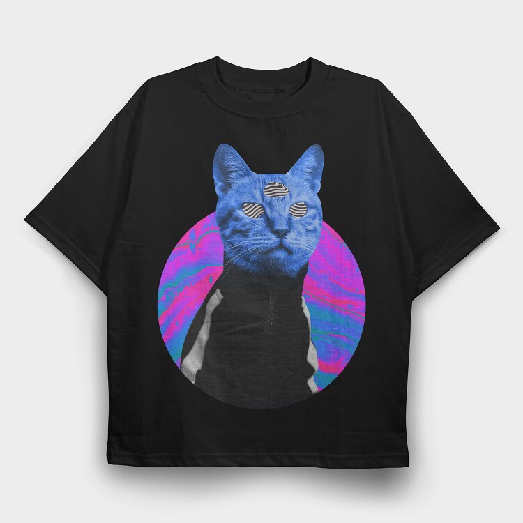 Psychedelic Trippy Cat Kitty, Tricou Oversize Barbati (Unisex)