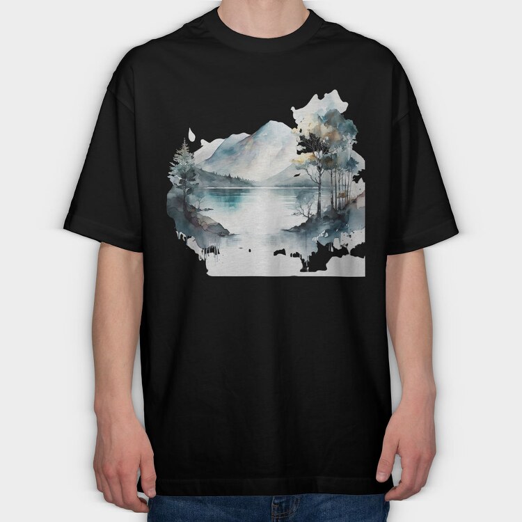 Watercolor Mountain Lake, Tricou Oversize Barbati (Unisex)