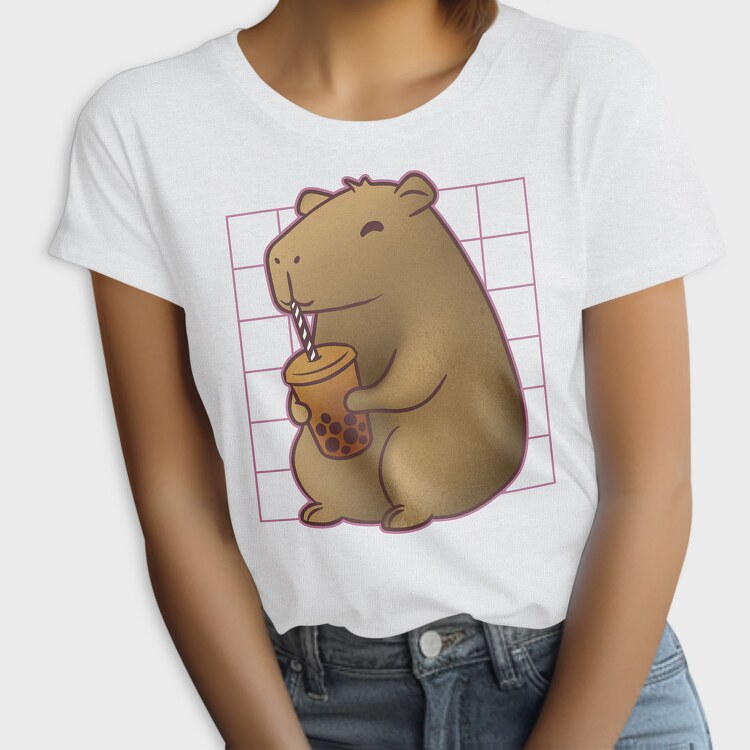 Capybara Drinking A Cup Of Tea Boba Tote, Tricou Femei
