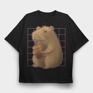 Capybara Drinking A Cup Of Tea Boba Tote, Tricou Oversize Barbati (Unisex)