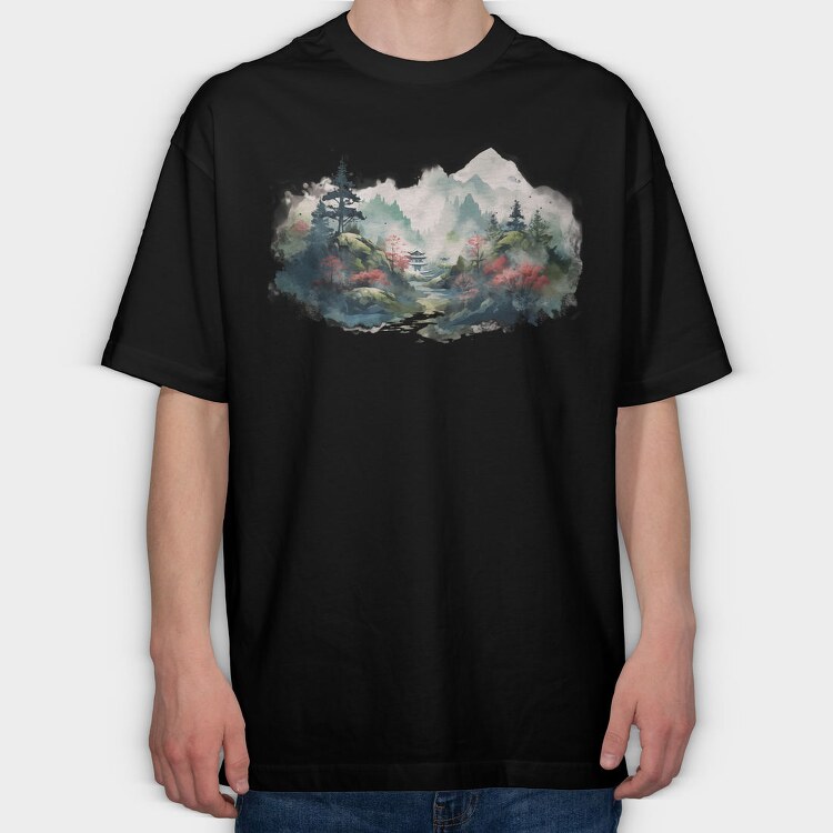 Watercolor Mountain Mist, Tricou Oversize Barbati (Unisex)