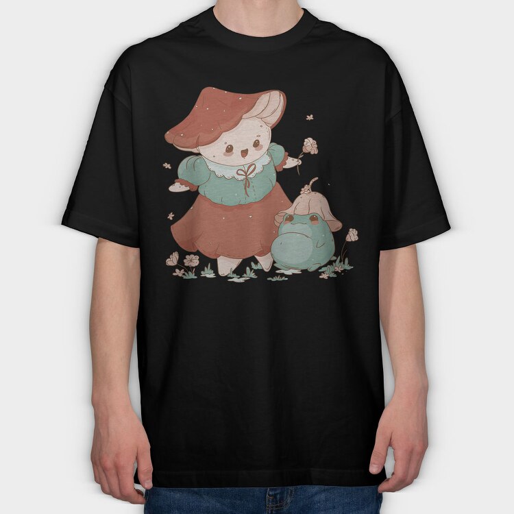 Cute Mushroom And Frog Kawaii, Tricou Oversize Barbati (Unisex)