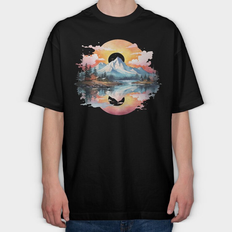 Watercolor Mountain Moon, Tricou Oversize Barbati (Unisex)