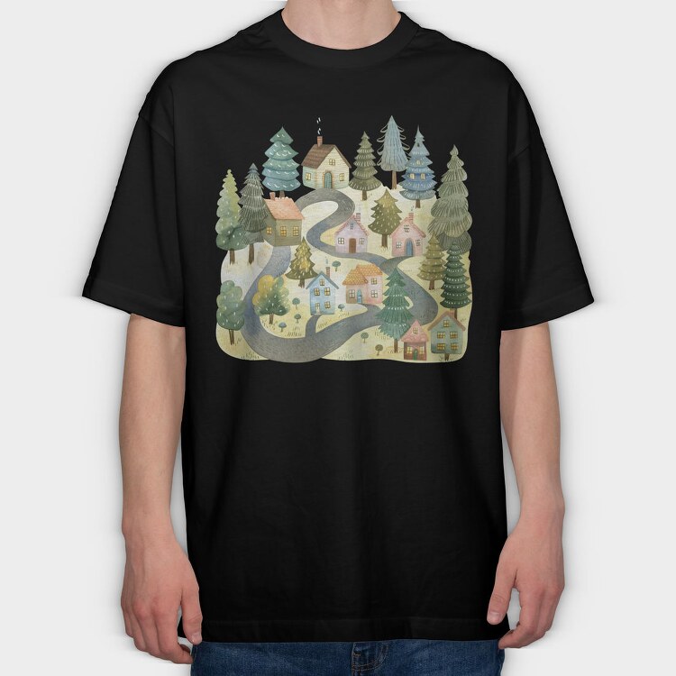 Watercolor Nordic Homes, Tricou Oversize Barbati (Unisex)