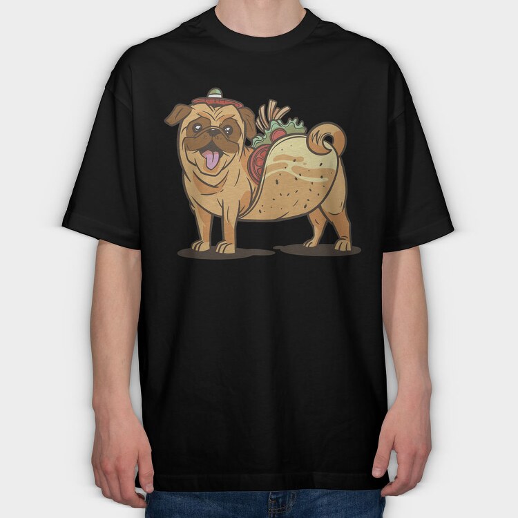 Pug Dog Animal Mexican Taco Cartoon, Tricou Oversize Barbati (Unisex)