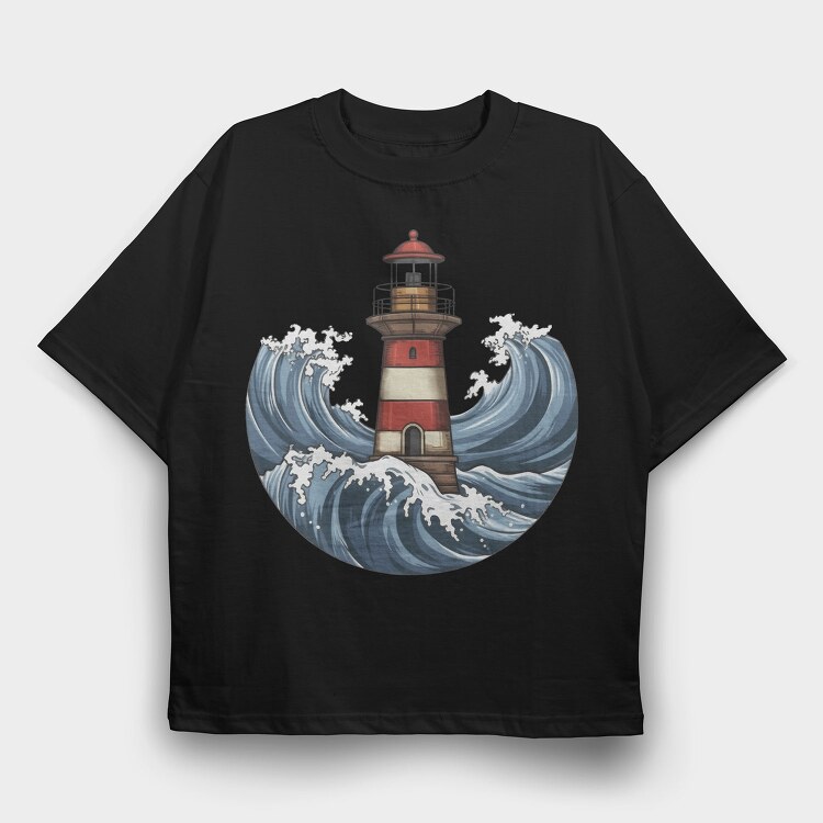 Lighthouse And Waves Sea, Tricou Oversize Barbati (Unisex)