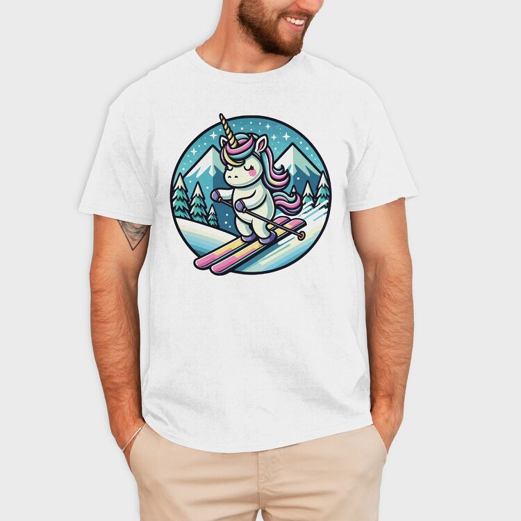Skiing Unicorn Winter Scene Sky, Tricou Barbati (Unisex)