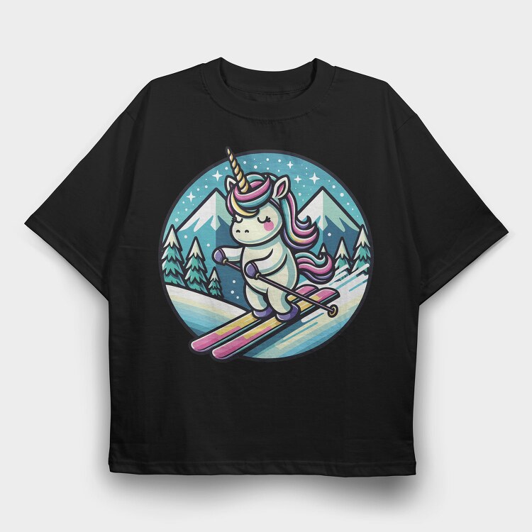 Skiing Unicorn Winter Scene Sky, Tricou Oversize Barbati (Unisex)
