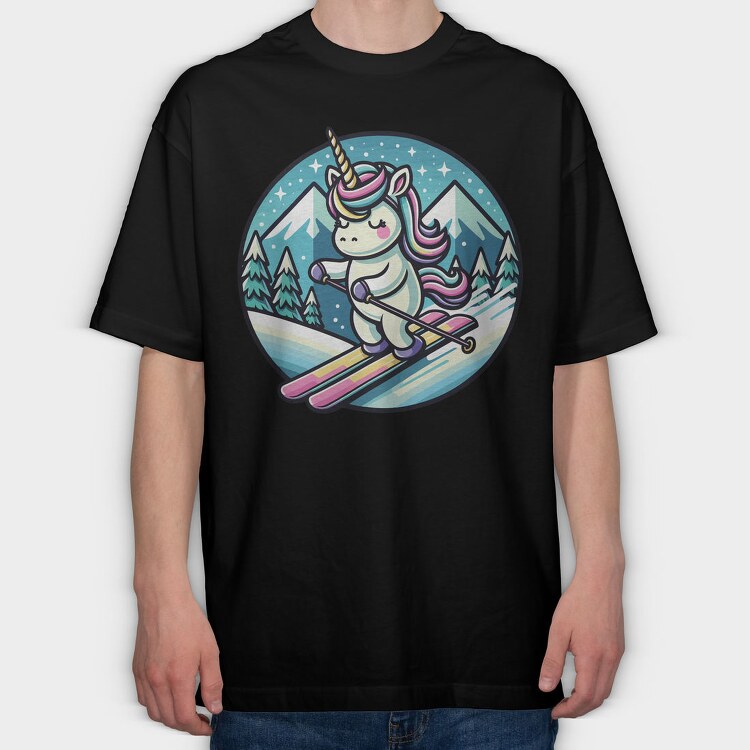 Skiing Unicorn Winter Scene Sky, Tricou Oversize Barbati (Unisex)