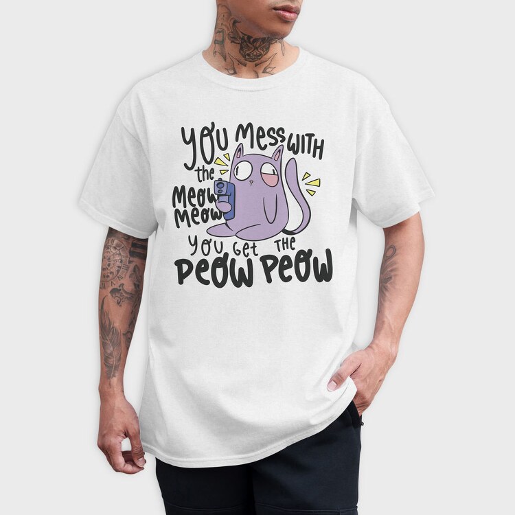 Cartoon Cat With Gun Meow Peow, Tricou Barbati (Unisex)