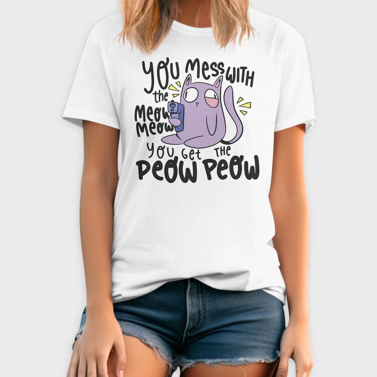 Cartoon Cat With Gun Meow Peow, Tricou Barbati (Unisex)