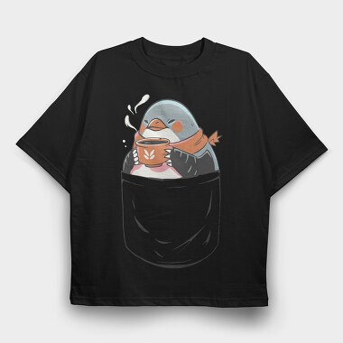 Cute Penguin In Pocket Coffee, Tricou Oversize Barbati (Unisex)