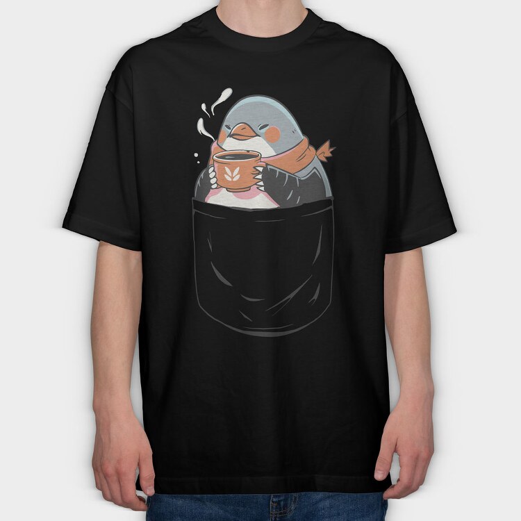 Cute Penguin In Pocket Coffee, Tricou Oversize Barbati (Unisex)