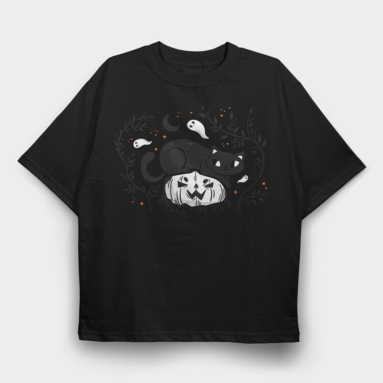 Pumpkin Cat Halloween Illustration 2, Tricou Oversize Barbati (Unisex)