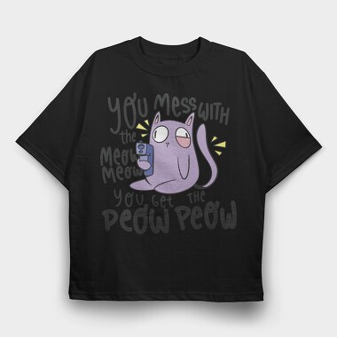 Cartoon Cat With Gun Meow Peow, Tricou Oversize Barbati (Unisex)