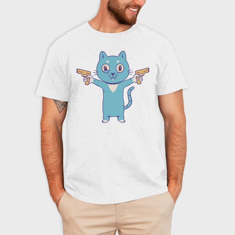 Cartoon Cat With Guns Pew Pew, Tricou Barbati (Unisex)