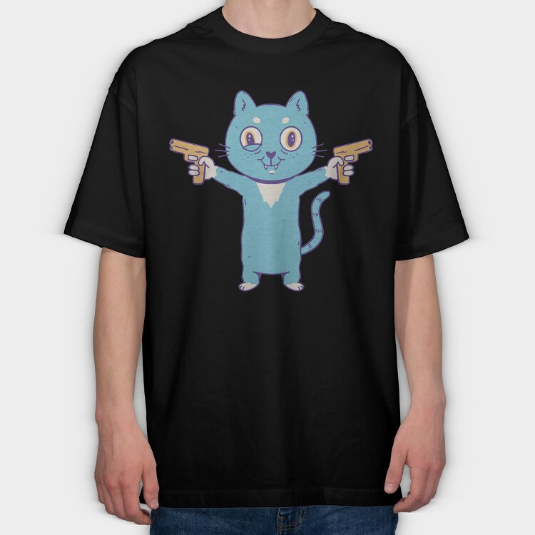 Cartoon Cat With Guns Pew Pew, Tricou Oversize Barbati (Unisex)