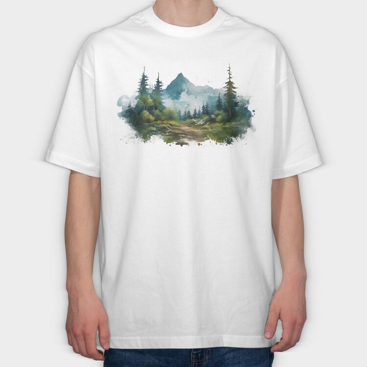 Watercolor Mountain Forest, Tricou Oversize Barbati (Unisex)