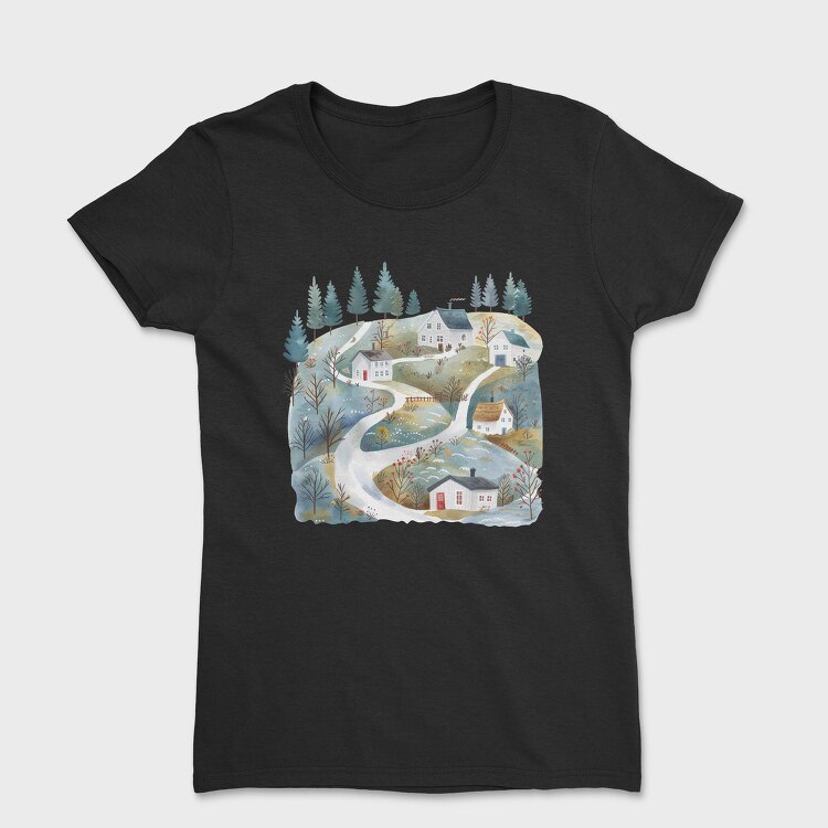 Watercolor Scandinavian Cottage, Tricou Femei