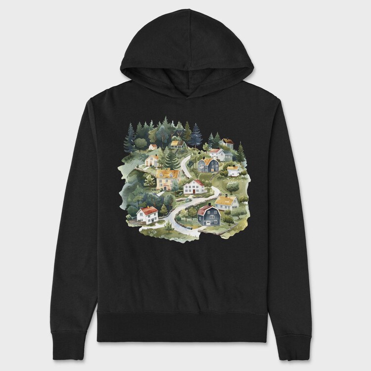Watercolor Scandinavian Houses, Hanorac Oversize Barbati (Unisex)