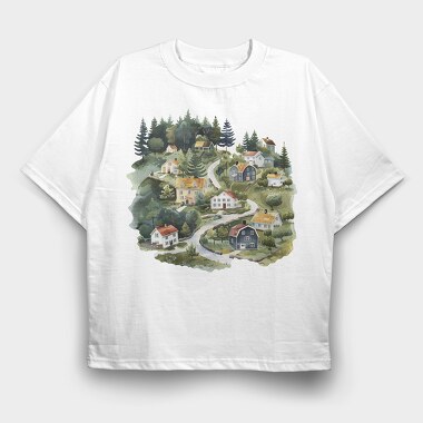 Watercolor Scandinavian Houses, Tricou Oversize Barbati (Unisex)