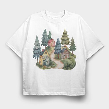 Watercolor Scandinavian Village, Tricou Oversize Barbati (Unisex)