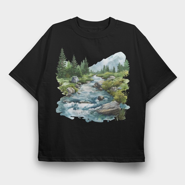 Watercolor Stream Mountain, Tricou Oversize Barbati (Unisex)
