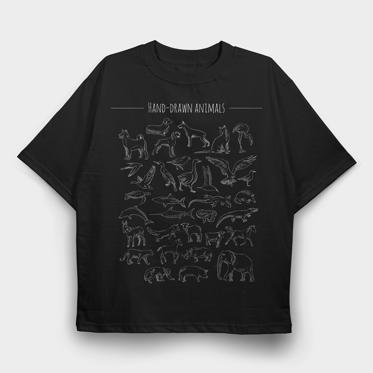 Chalk Hand Drawn Animals Silhouettes, Tricou Oversize Barbati (Unisex)