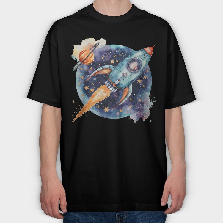 Watercolor Rocket Space, Tricou Oversize Barbati (Unisex)