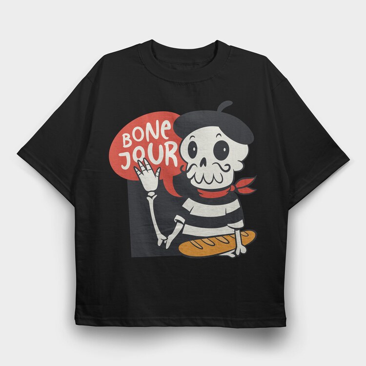 Cartoon French Skull Bone Jour, Tricou Oversize Barbati (Unisex)