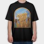 Cartoon Labrador Dog In Window Glass, Tricou Oversize Barbati (Unisex)