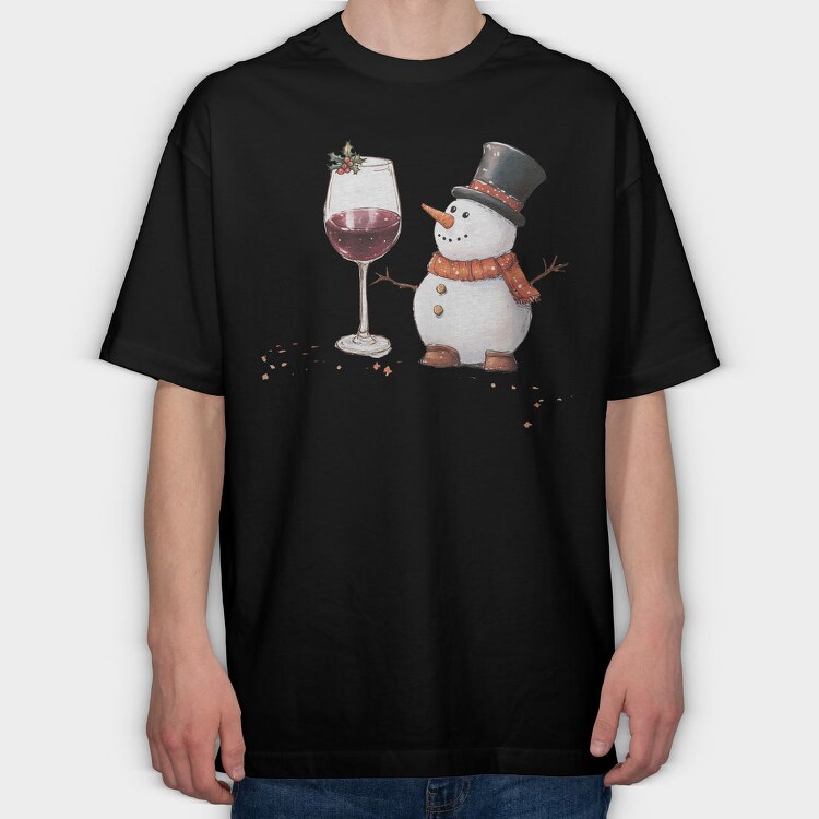 Watercolor Snowman Wine, Tricou Oversize Barbati (Unisex)