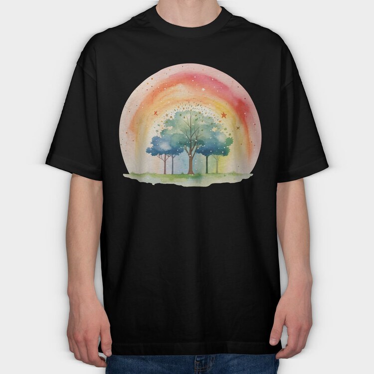 Watercolor Rainbow Tree, Tricou Oversize Barbati (Unisex)