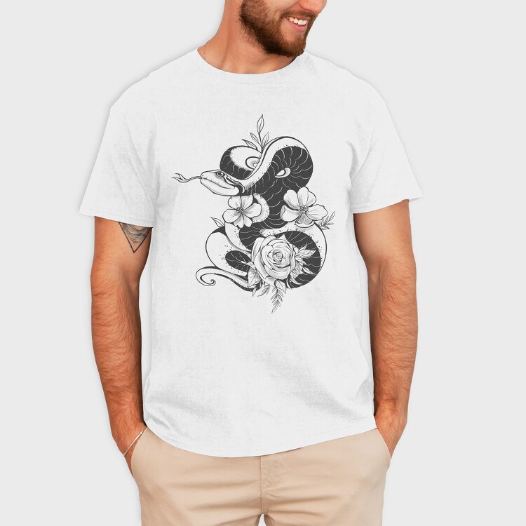 Snake And Flowers Tattoo, Tricou Barbati (Unisex)