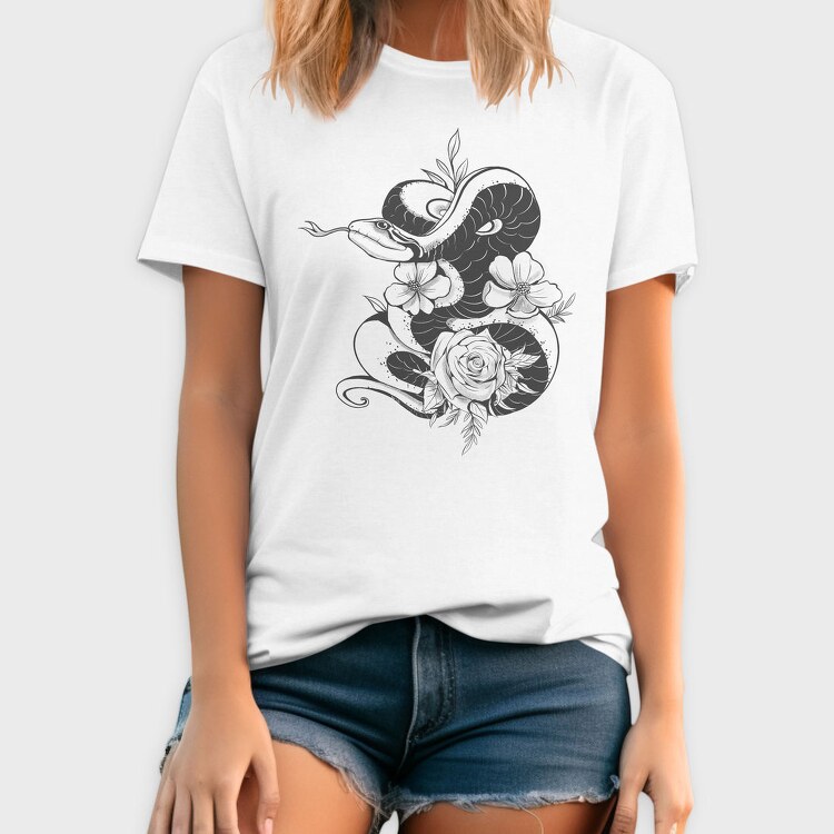 Snake And Flowers Tattoo, Tricou Barbati (Unisex)
