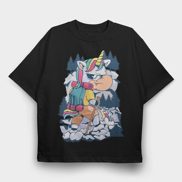 Cartoon Unicorn Hiking Pee On Mountain, Tricou Oversize Barbati (Unisex)