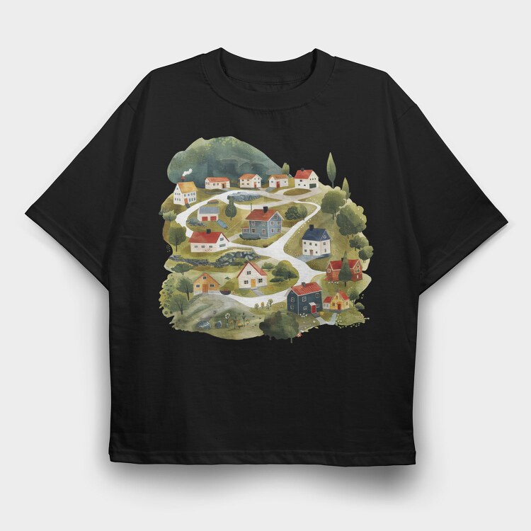 Watercolor Village Houses, Tricou Oversize Barbati (Unisex)
