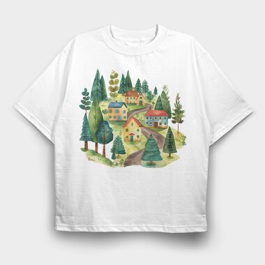 Watercolor Village Nature, Tricou Oversize Barbati (Unisex)