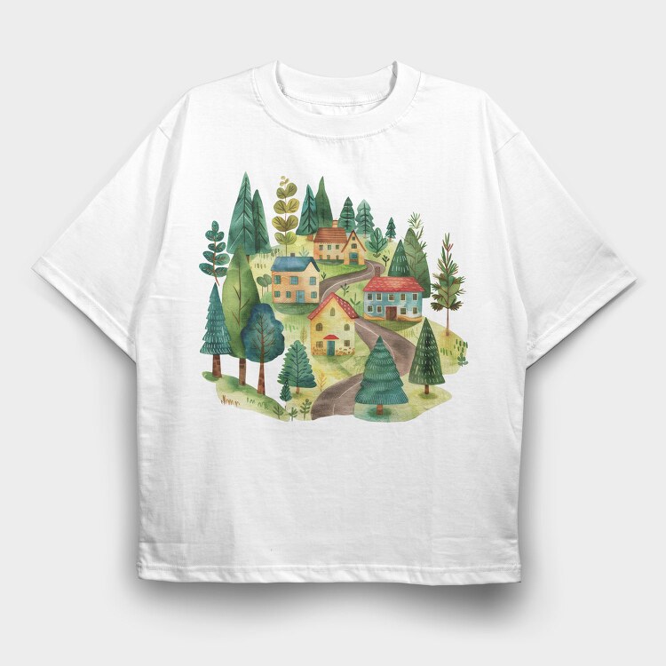Watercolor Village Nature, Tricou Oversize Barbati (Unisex)