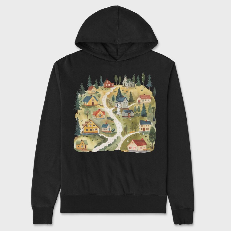 Watercolor Village Nest, Hanorac Oversize Barbati (Unisex)