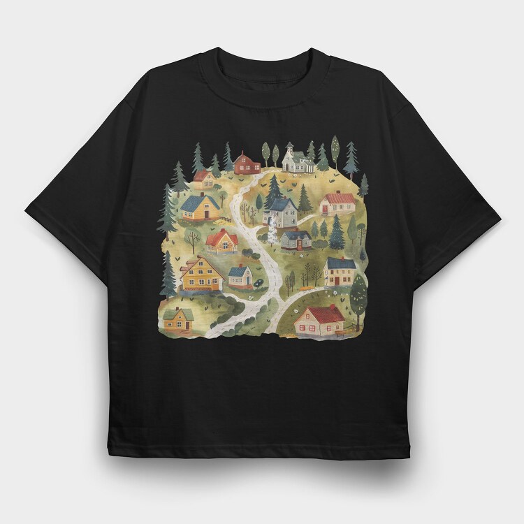 Watercolor Village Nest, Tricou Oversize Barbati (Unisex)