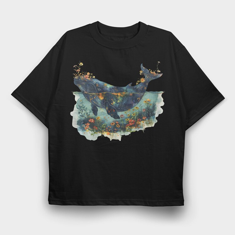 Whale Floral Night, Tricou Oversize Barbati (Unisex)
