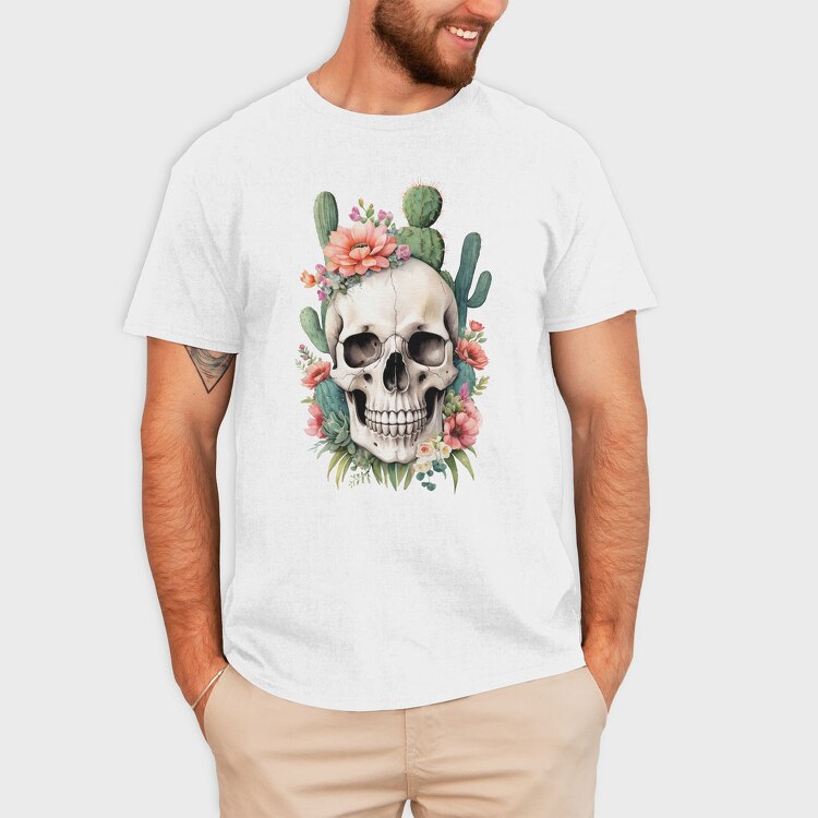 Skull With Cacti And Flowers, Tricou Barbati (Unisex)