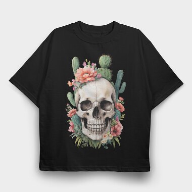 Skull With Cacti And Flowers, Tricou Oversize Barbati (Unisex)