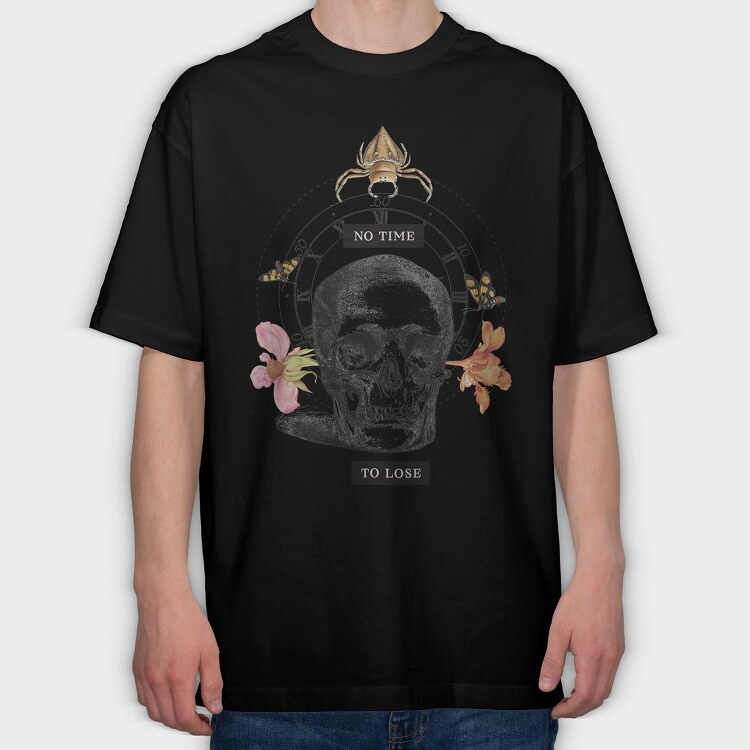 Skull With Clock And Insects Vintage Time, Tricou Oversize Barbati (Unisex)