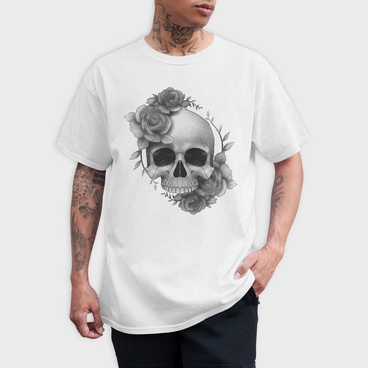 Skull With Rose Flowers, Tricou Barbati (Unisex)
