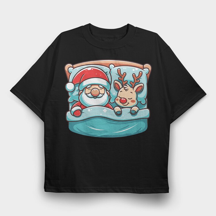 Sleepy Santa And Reindeer, Tricou Oversize Barbati (Unisex)