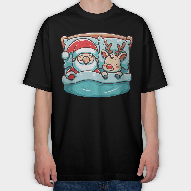 Sleepy Santa And Reindeer, Tricou Oversize Barbati (Unisex)