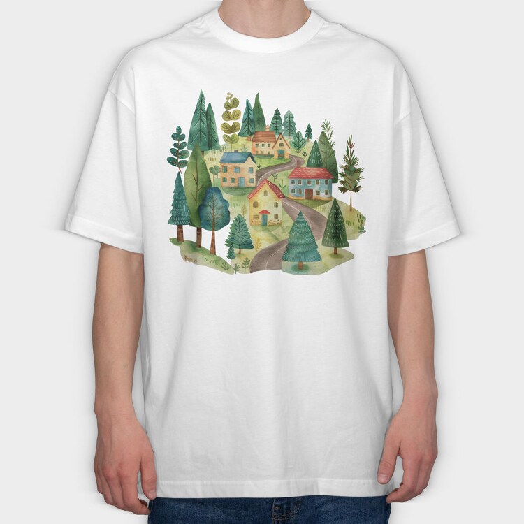 Watercolor Village Nature, Tricou Oversize Barbati (Unisex)